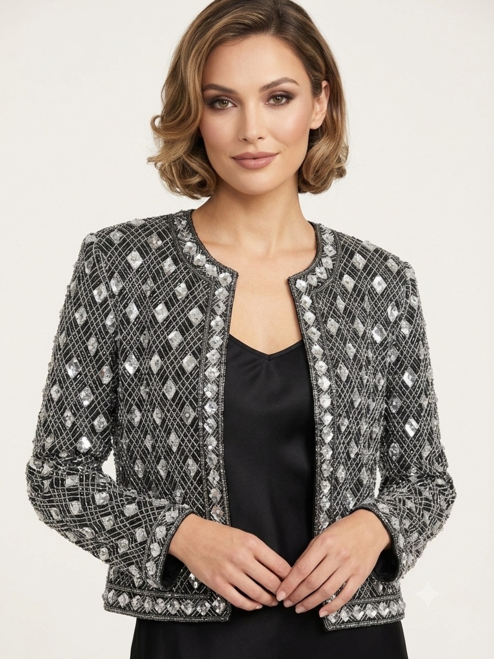 Vintage Papell Boutique Evening Beaded Sequin Silk Jacket Black Silver Sz Medium
